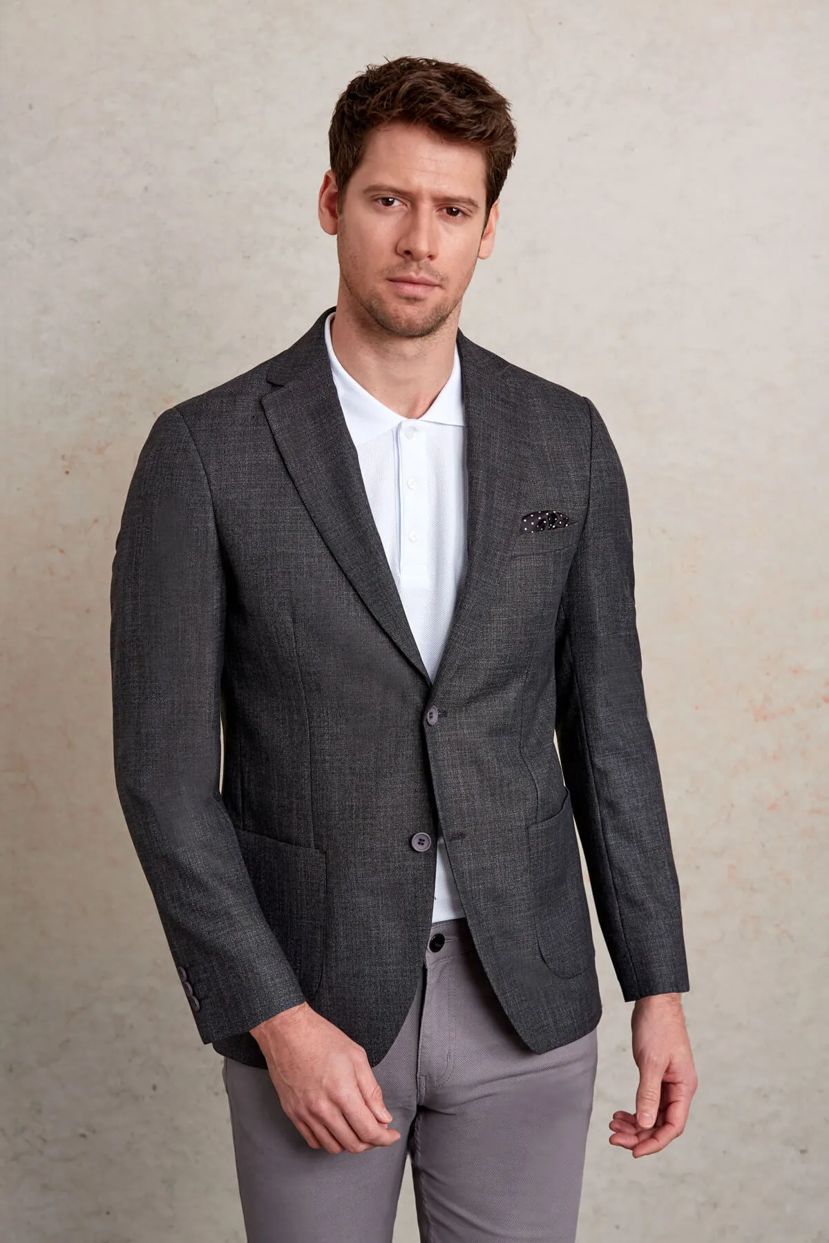 Slim Fit Notch Lapel Patterned Burgundy Casual Blazer, Charcoal D.