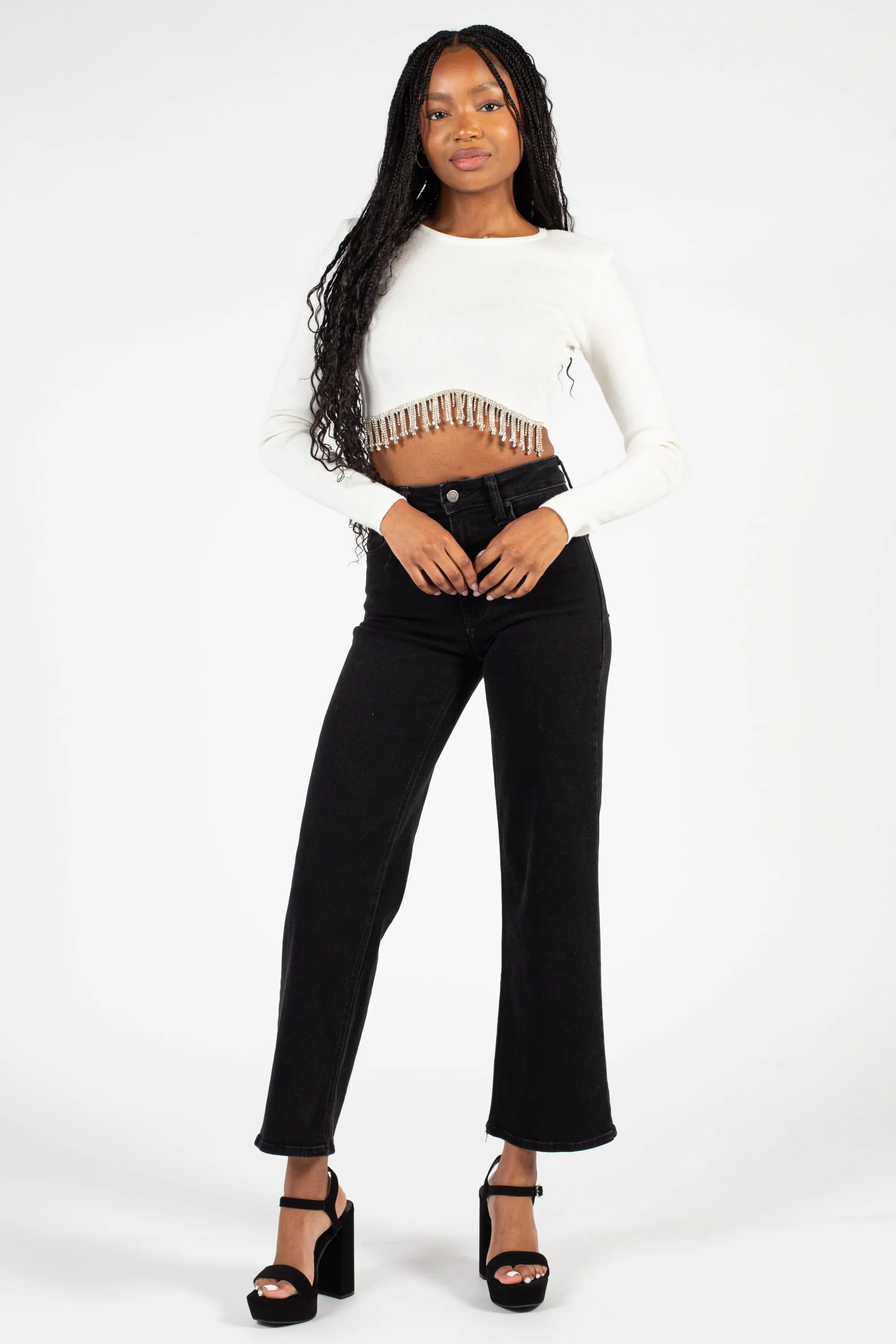 Stasia Rhinestone Fringe Crop Knit Top