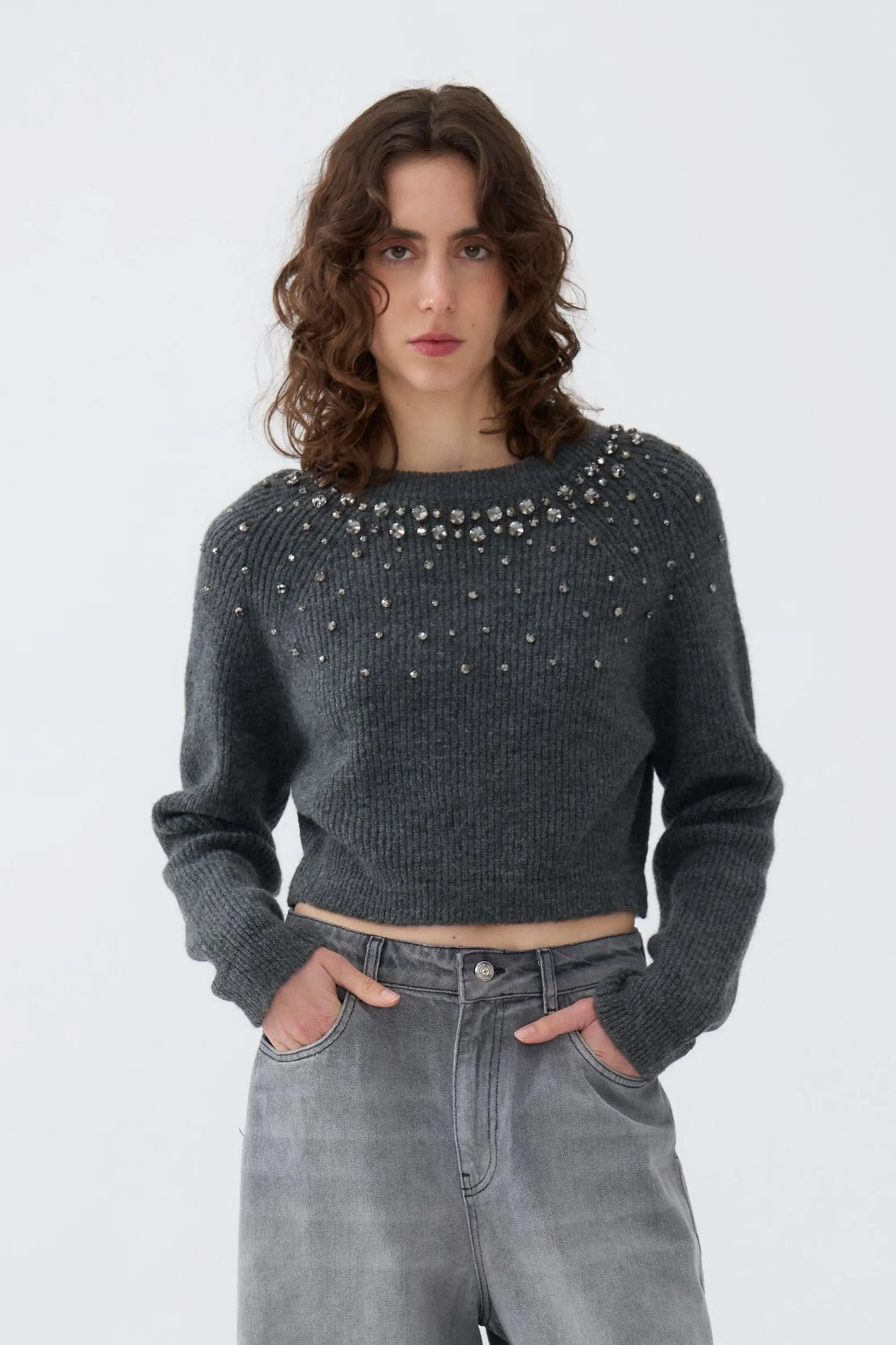 Stone Embellished Crop Sweater