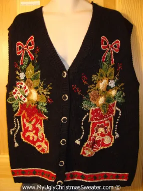 Tacky Christmas Sweater Party Ugly Sweater Vest with Red Stockings and Bold Horrid Colors  (f842)