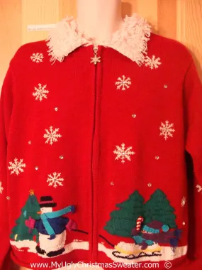 Tacky Christmas Sweater with Snowman and Fluffy Collar (f1379)