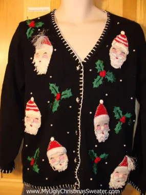 Tacky Festive Ugly Christmas Sweater with Fluffy Beard Santa Heads and Ivy (f670)