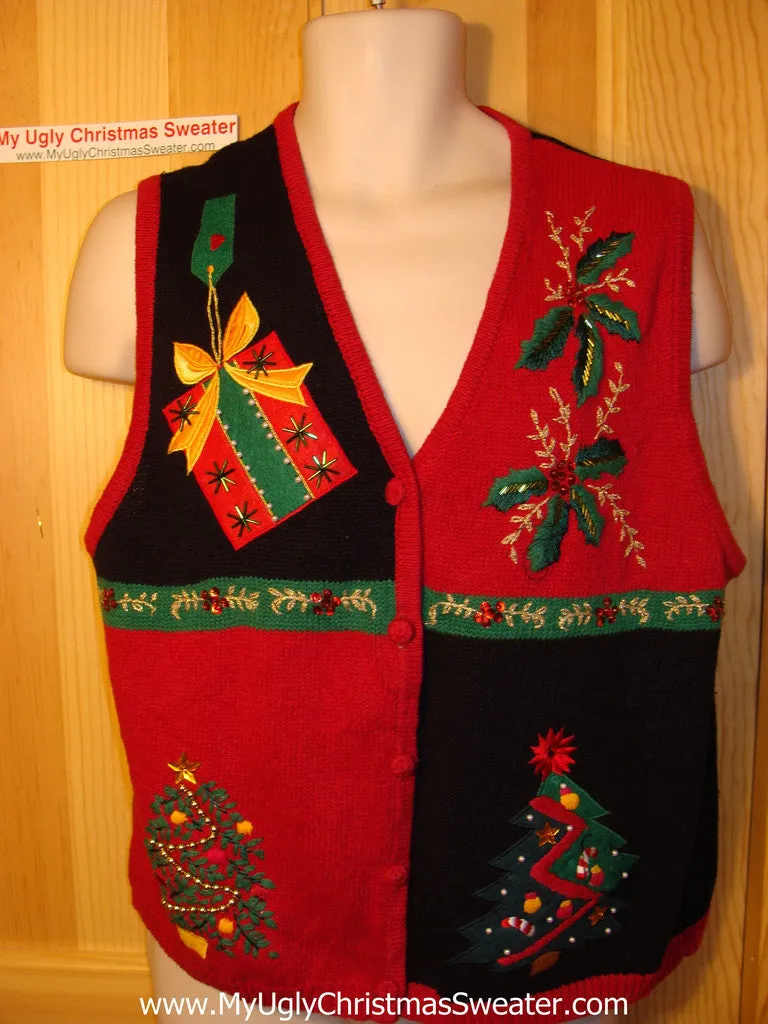 Tacky Ugly Christmas Sweater Vest with Gifts, Ivy and Trees. Bead Bling Accents (f124)