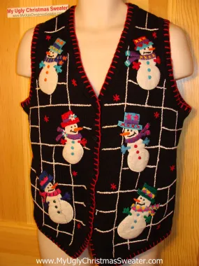 Tacky Ugly Christmas Sweater Vest with Six Happy Snowmen Floating in a Black and White Grid of Festive Fun (f43)