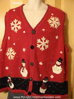 Tacky  Ugly Christmas Sweater Vest with Snowmen and Snowflakes (f581)