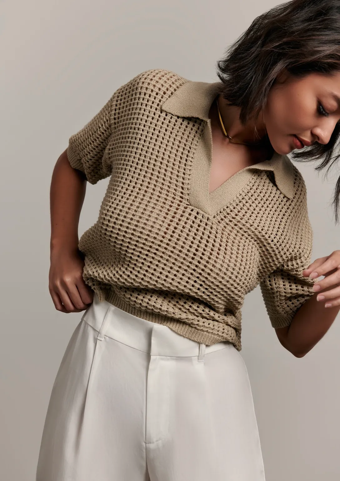 The Rea Collared Knit Top - Beige