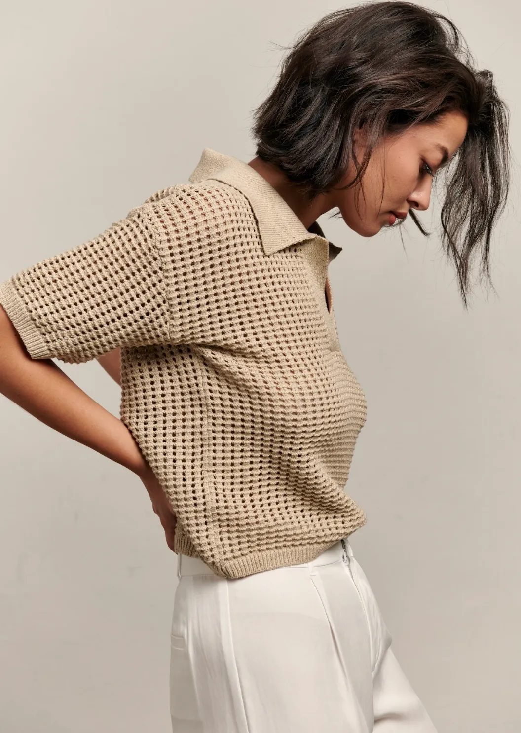 The Rea Collared Knit Top - Beige