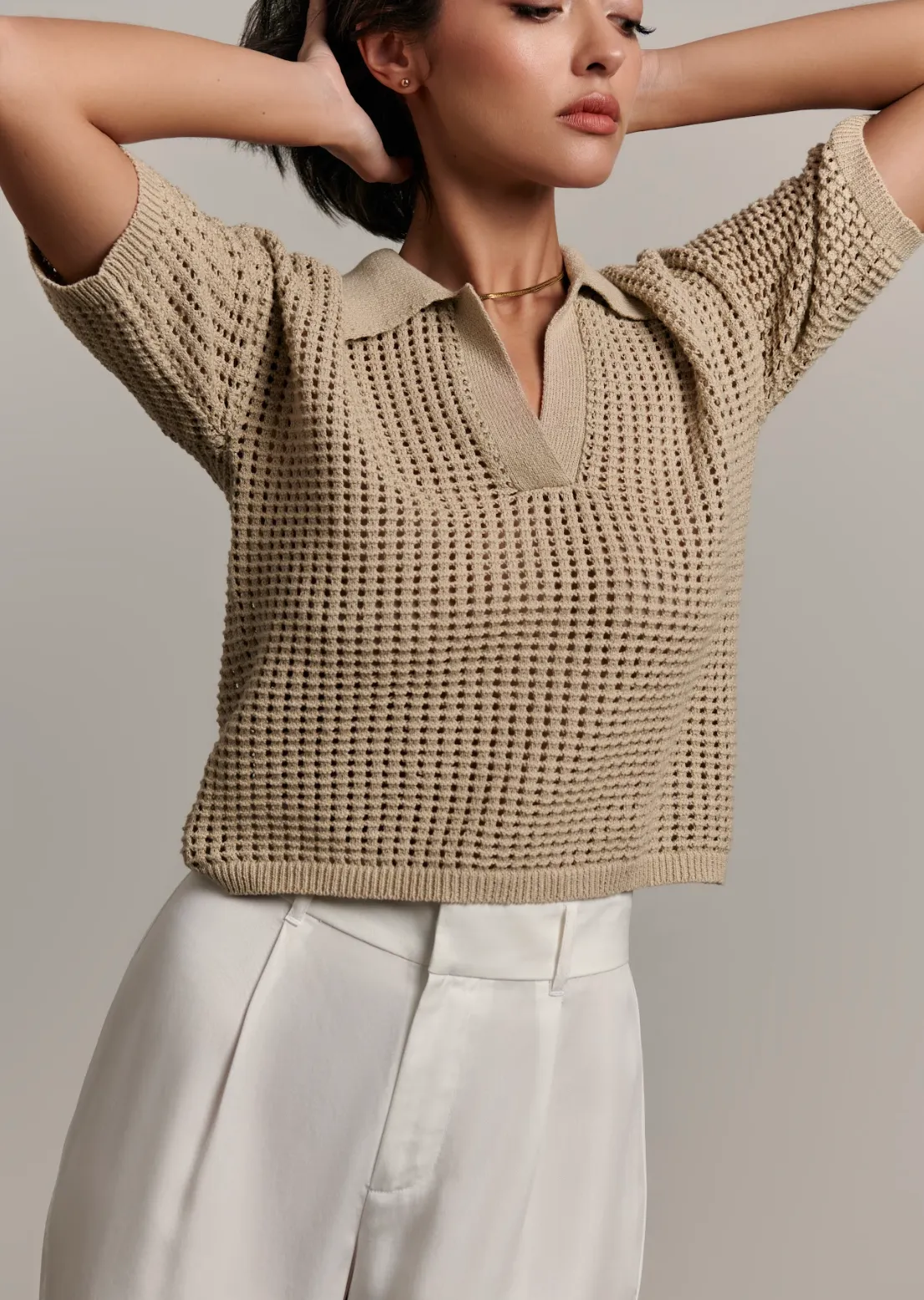 The Rea Collared Knit Top - Beige