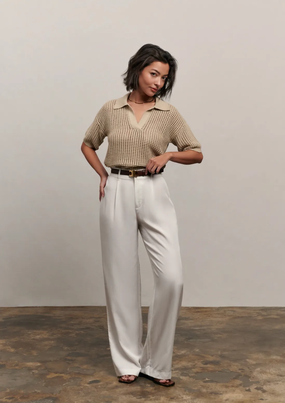 The Rea Collared Knit Top - Beige