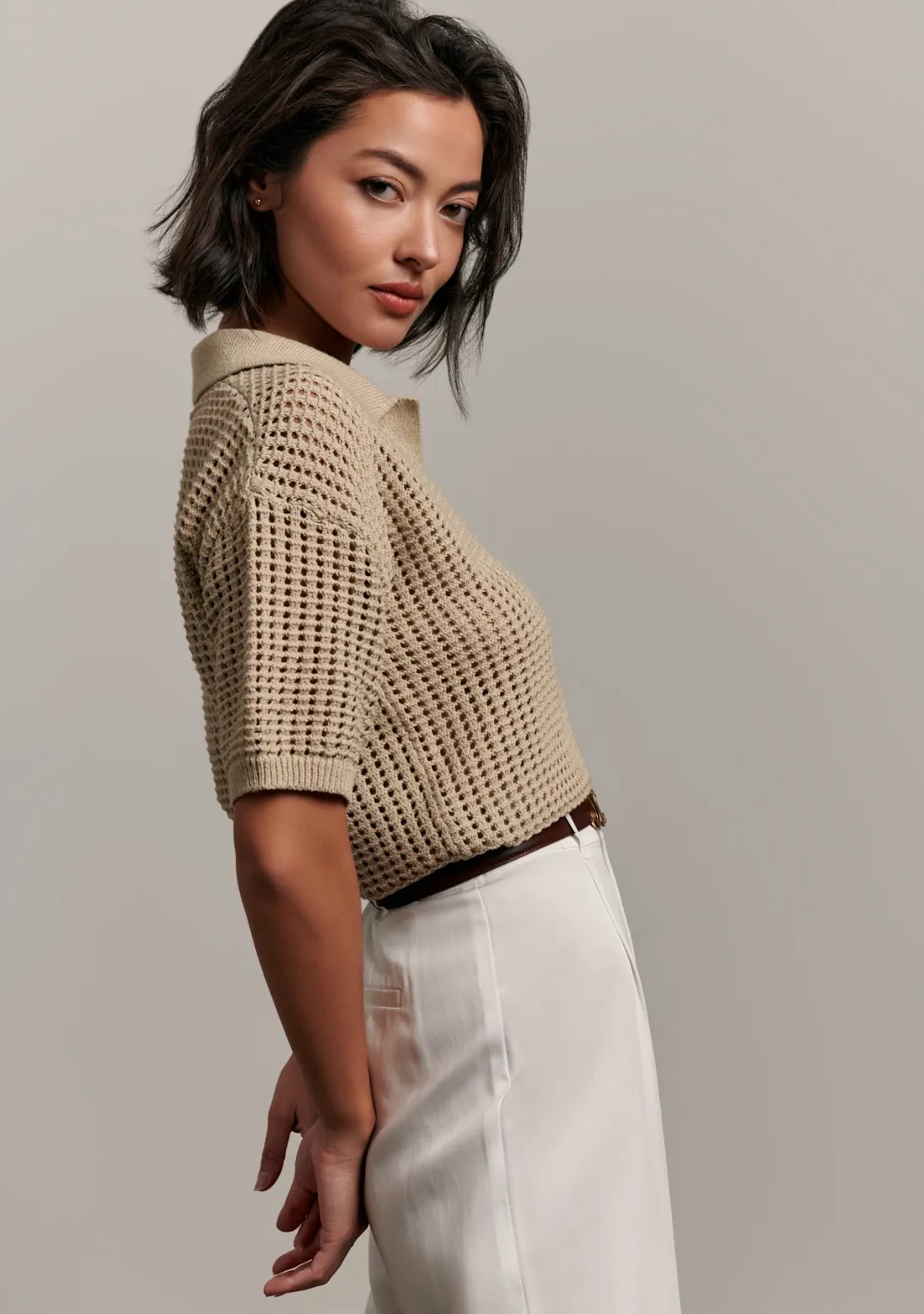 The Rea Collared Knit Top - Beige