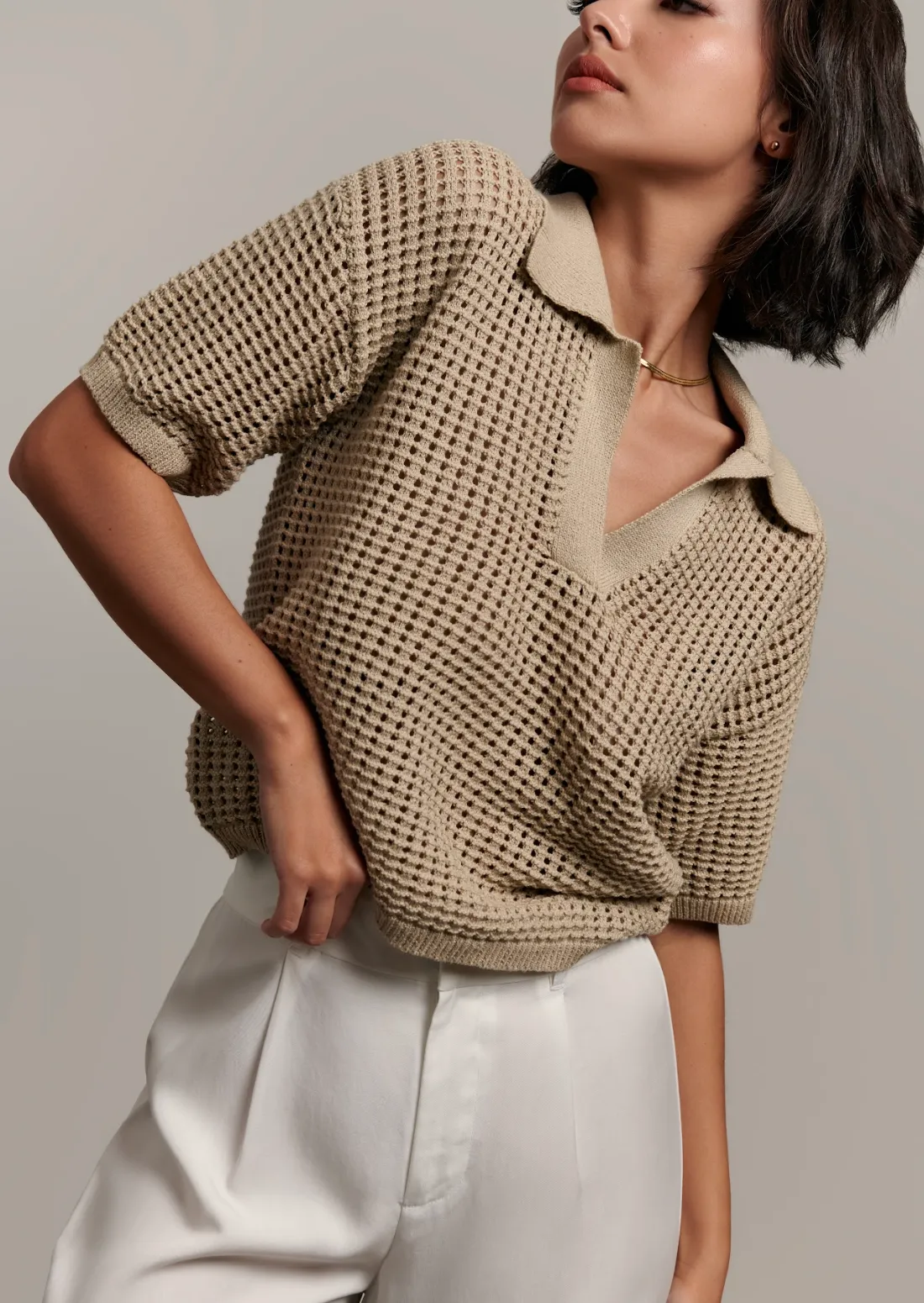 The Rea Collared Knit Top - Beige