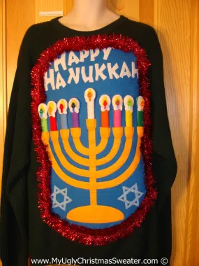 Ugly Christmas Sweater Party Hanukkah Sweater Mens with Menorah (j231)