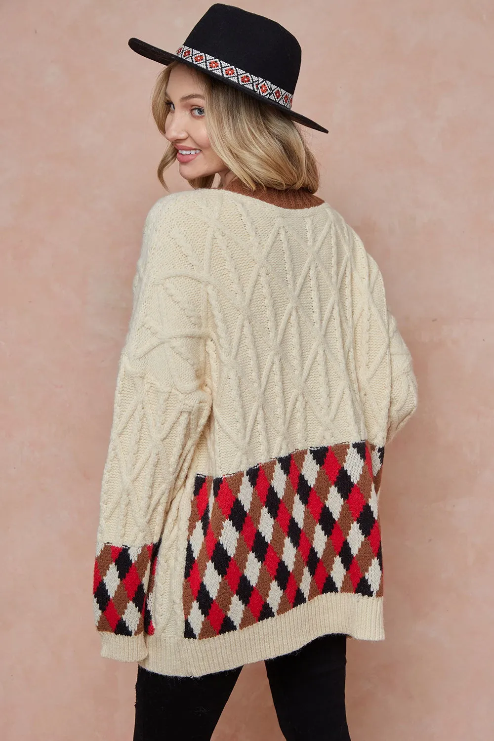 Women Oversized Cable Knit with Argyle Pattern Sweater cardigan