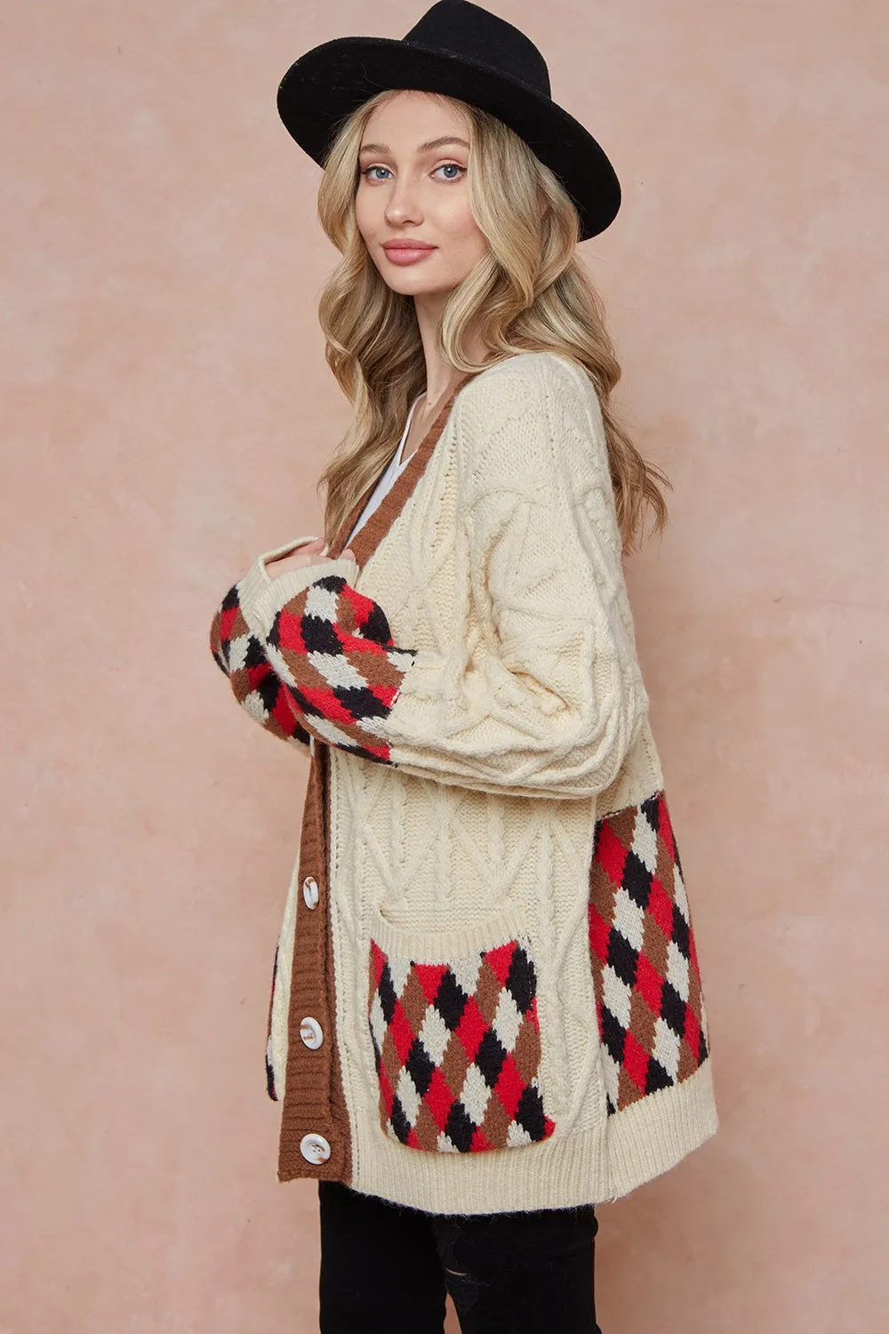 Women Oversized Cable Knit with Argyle Pattern Sweater cardigan