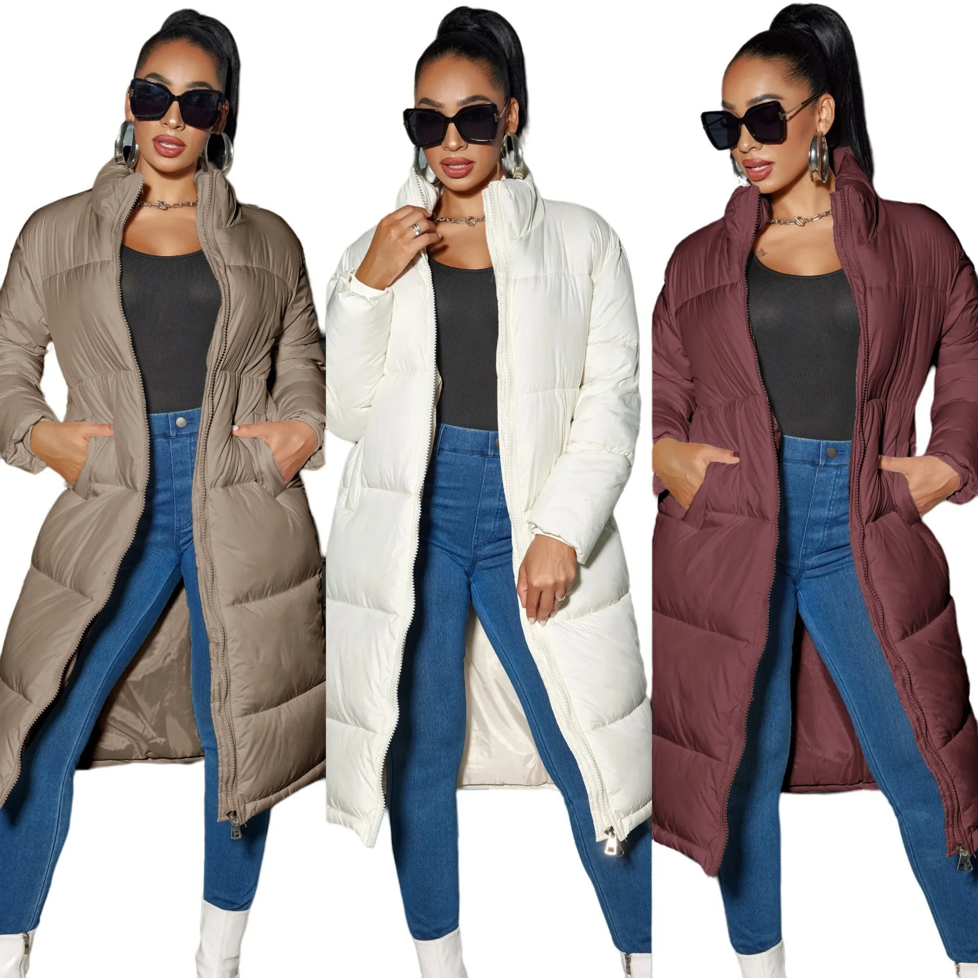 Women's Fashion Zipper Cotton Coat With Solid Color Warm